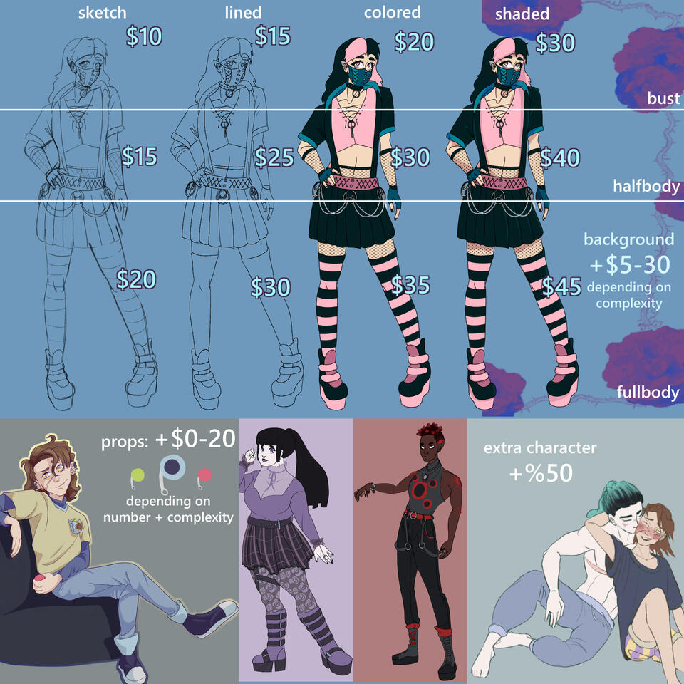 A few examples of my artwork as well as prices. Sketch: bust $10, halfbody $15, fullbody $20. Lined: bust $15, halfbody $25, fullbody $25. Colored: bust $20, halfbody $30, fullbody $35. Shaded: bust $30, halfbody $40, fullbody $45. Backgrounds are an addit